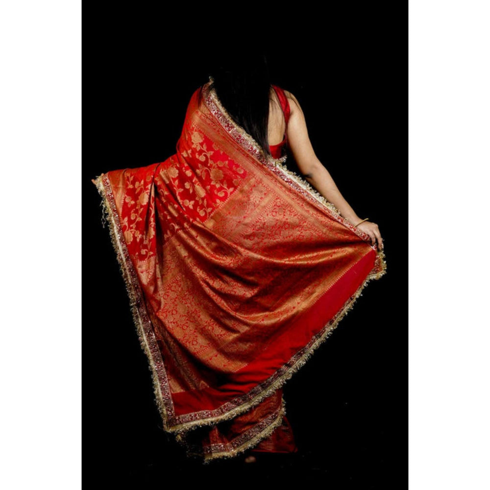 Isadora Life Womens Woven Sequined Red Pre-Draped Saree With Unstitched Blouse