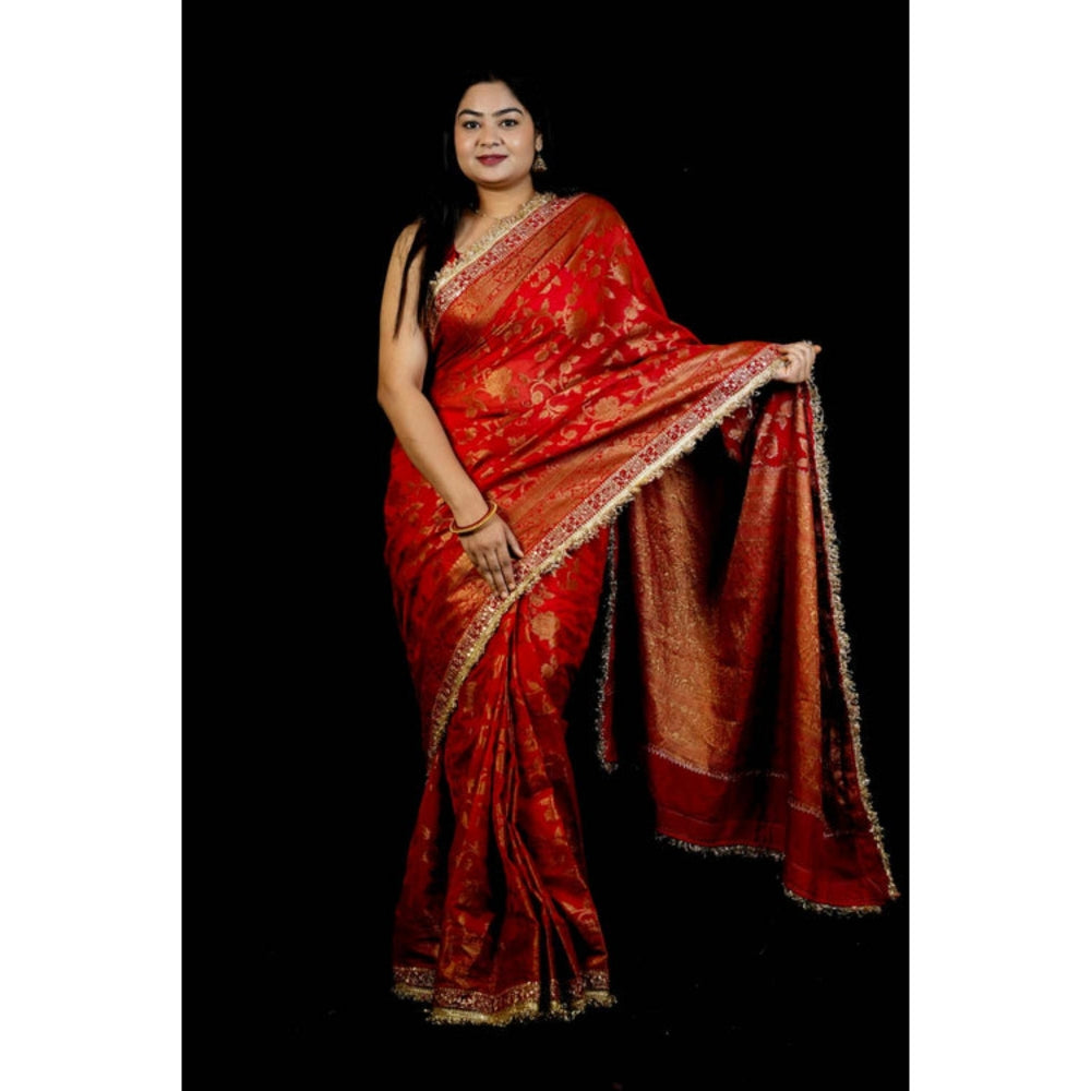 Isadora Life Womens Woven Sequined Red Pre-Draped Saree With Unstitched Blouse