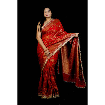 Isadora Life Womens Woven Sequined Red Pre-Draped Saree With Unstitched Blouse