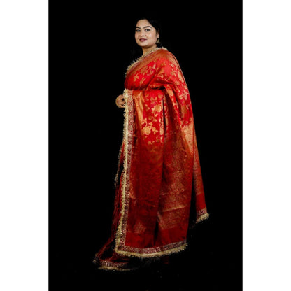 Isadora Life Womens Woven Sequined Red Pre-Draped Saree With Unstitched Blouse