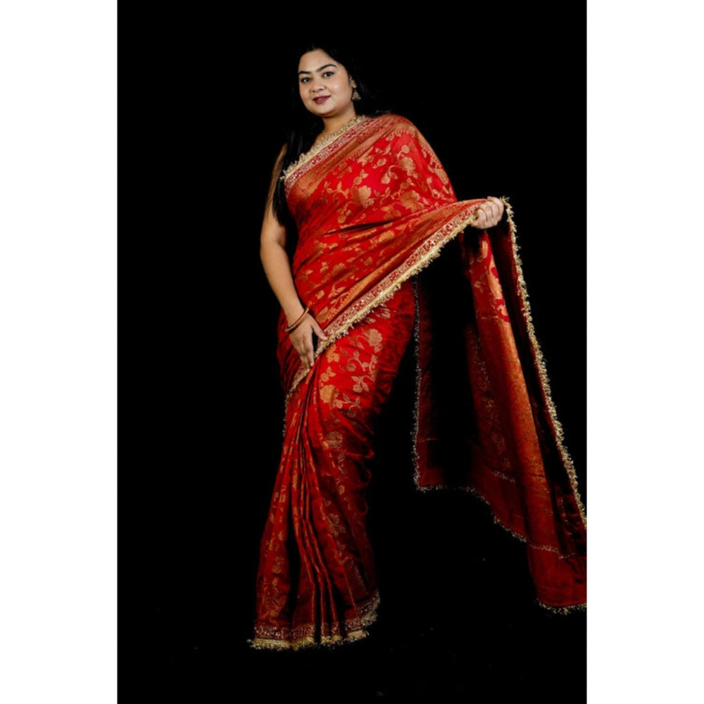 Isadora Life Womens Woven Sequined Red Pre-Draped Saree With Unstitched Blouse