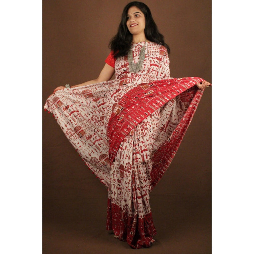 Isadora Life Womens Kalamkari Printed White Pre-Draped Saree With Unstitched Blouse
