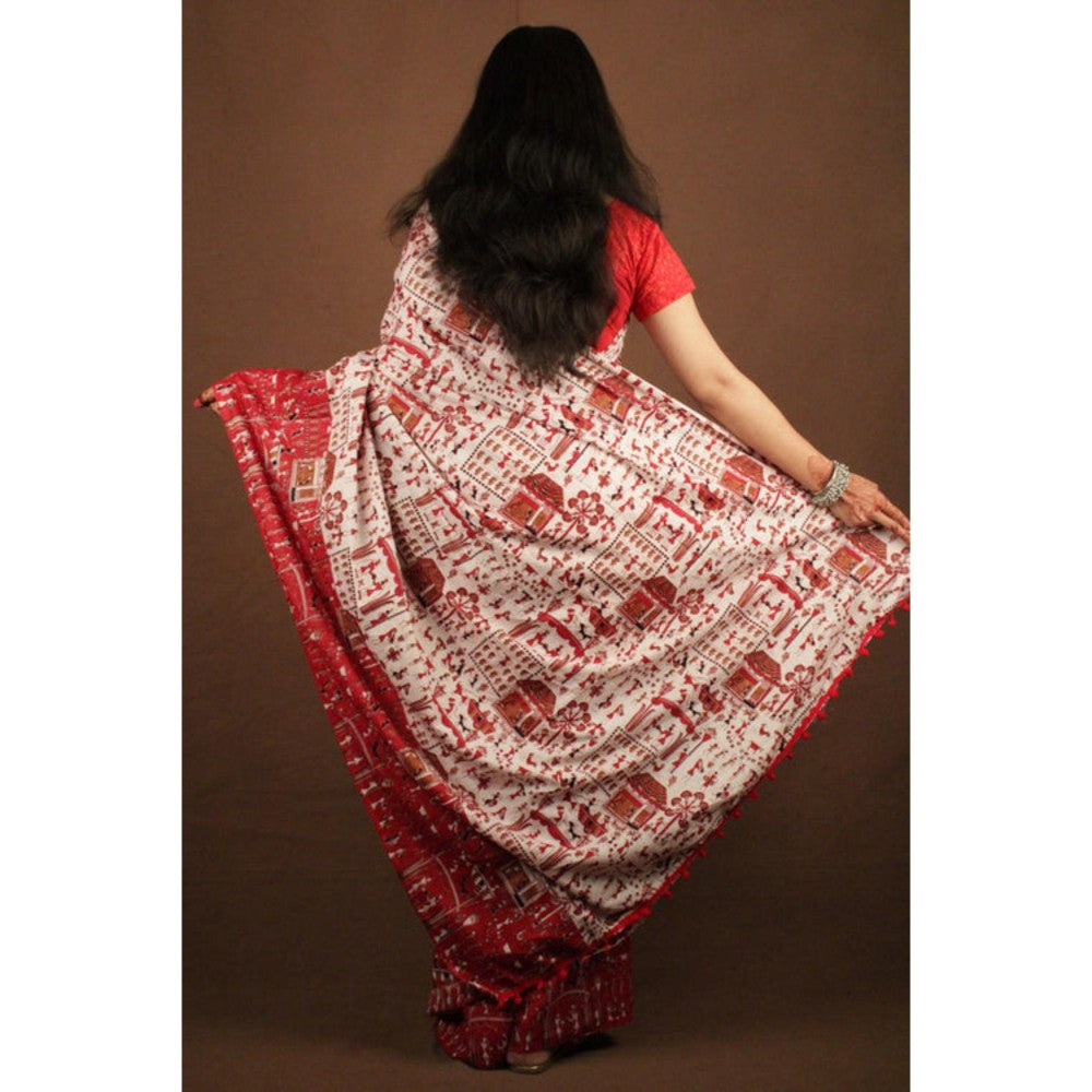 Isadora Life Womens Kalamkari Printed White Pre-Draped Saree With Unstitched Blouse