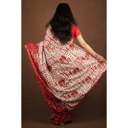 Isadora Life Womens Kalamkari Printed White Pre-Draped Saree With Unstitched Blouse