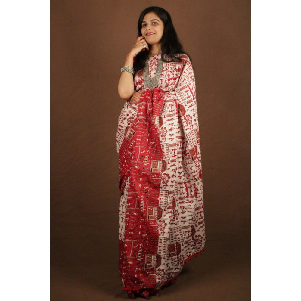 Isadora Life Womens Kalamkari Printed White Pre-Draped Saree With Unstitched Blouse