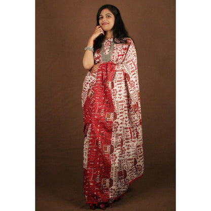 Isadora Life Womens Kalamkari Printed White Pre-Draped Saree With Unstitched Blouse