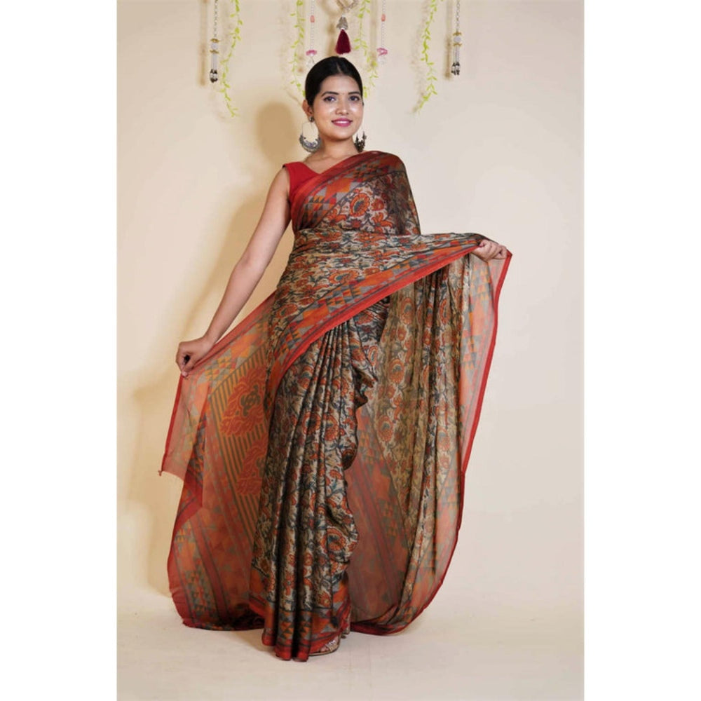 Isadora Life Womens Floral Printed Multi-Color Pre-Draped Saree With Unstitched Blouse