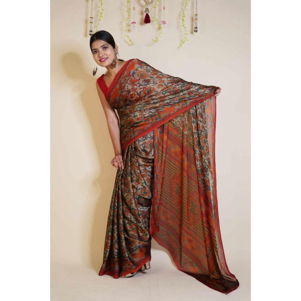 Isadora Life Womens Floral Printed Multi-Color Pre-Draped Saree With Unstitched Blouse