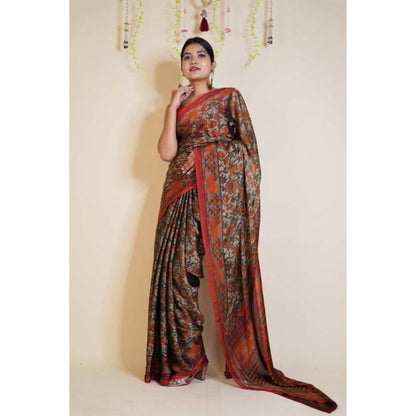 Isadora Life Womens Floral Printed Multi-Color Pre-Draped Saree With Unstitched Blouse
