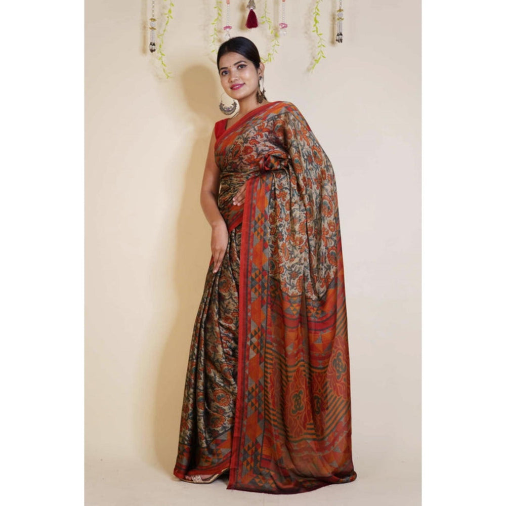Isadora Life Womens Floral Printed Multi-Color Pre-Draped Saree With Unstitched Blouse
