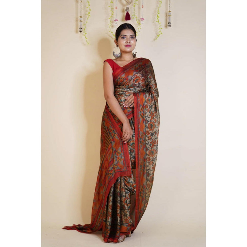 Isadora Life Womens Floral Printed Multi-Color Pre-Draped Saree With Unstitched Blouse