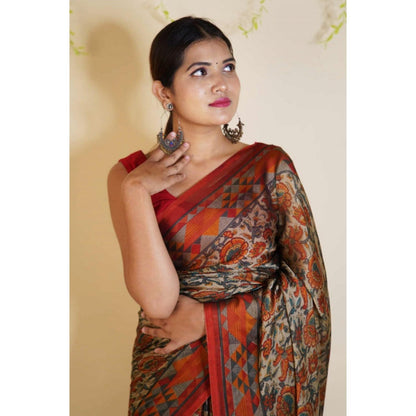 Isadora Life Womens Floral Printed Multi-Color Pre-Draped Saree With Unstitched Blouse