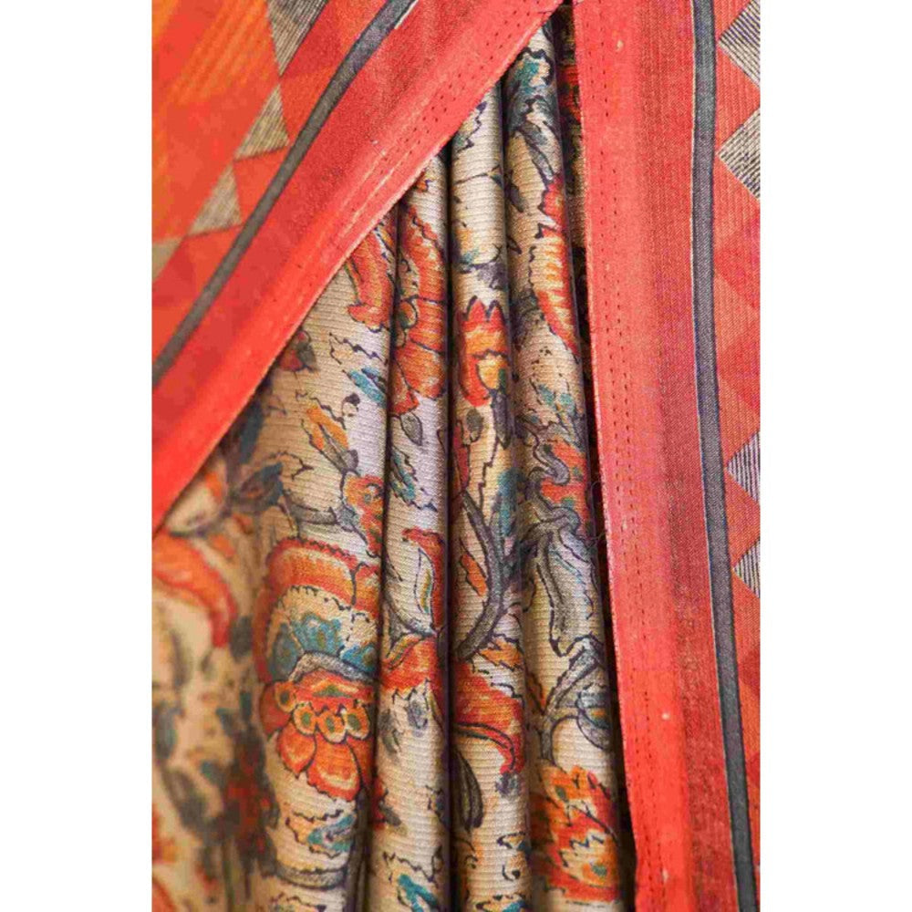 Isadora Life Womens Floral Printed Multi-Color Pre-Draped Saree With Unstitched Blouse