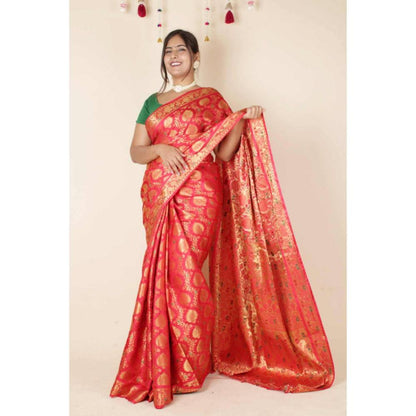 Isadora Life Womens Woven Zari Red Pre-Draped Saree With Unstitched Blouse
