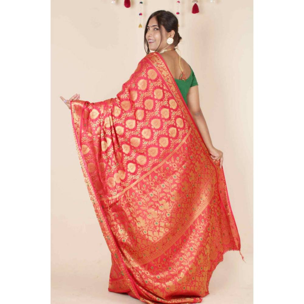 Isadora Life Womens Woven Zari Red Pre-Draped Saree With Unstitched Blouse