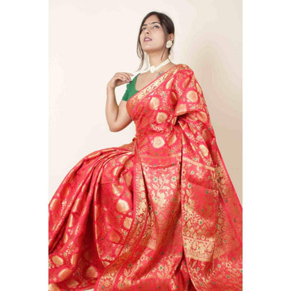 Isadora Life Womens Woven Zari Red Pre-Draped Saree With Unstitched Blouse