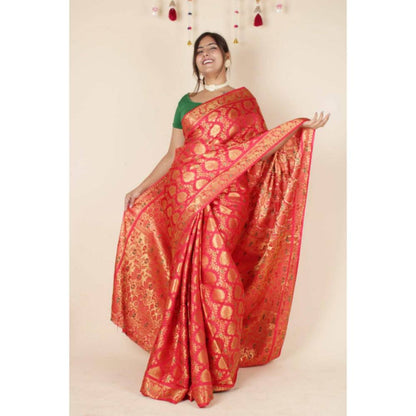 Isadora Life Womens Woven Zari Red Pre-Draped Saree With Unstitched Blouse
