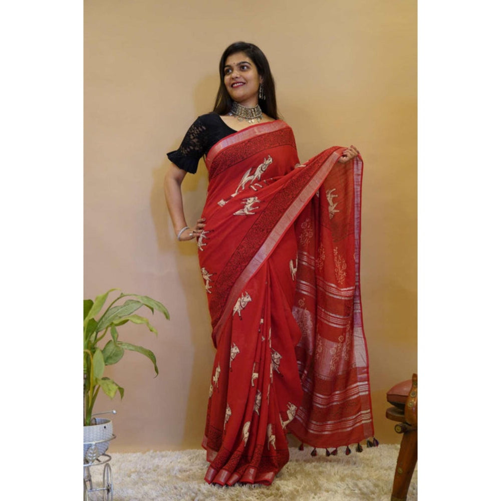 Isadora Life Womens Printed Tassels Red Pre-Draped Saree With Unstitched Blouse