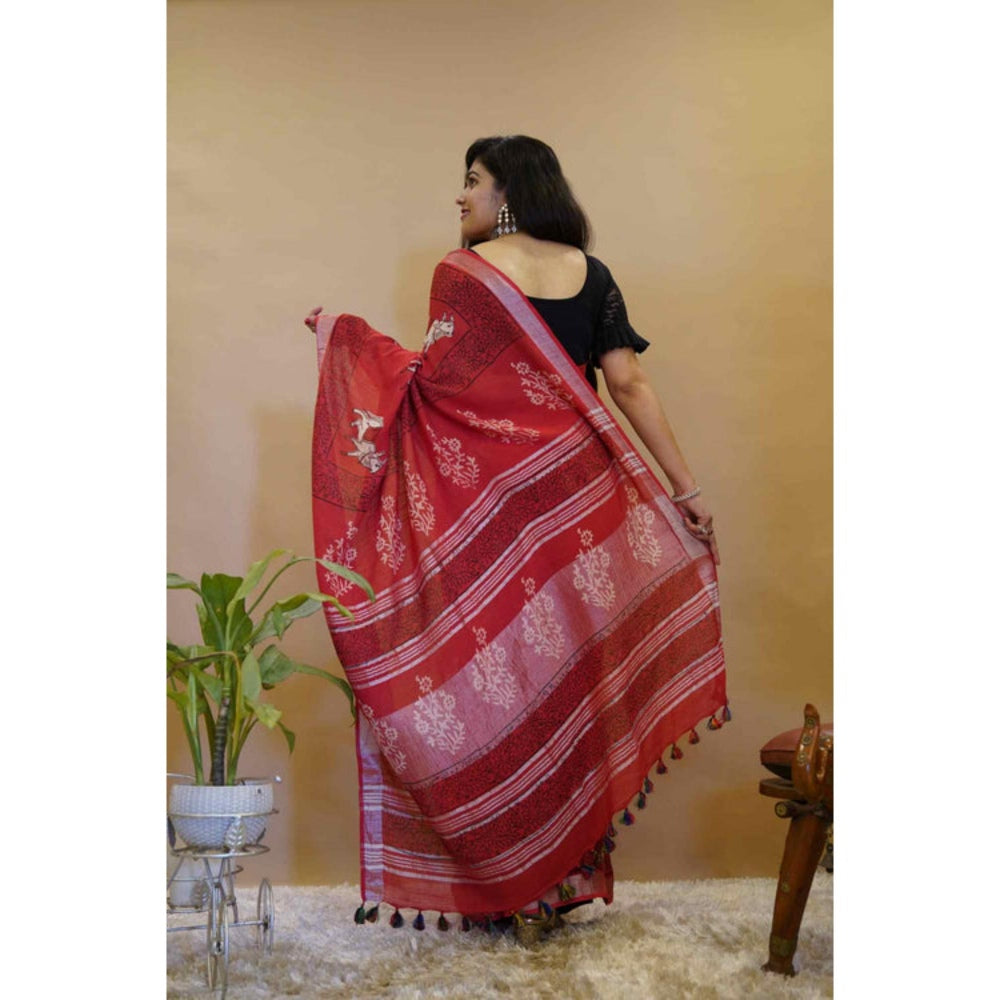 Isadora Life Womens Printed Tassels Red Pre-Draped Saree With Unstitched Blouse