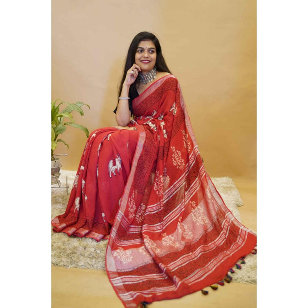 Isadora Life Womens Printed Tassels Red Pre-Draped Saree With Unstitched Blouse