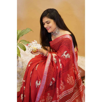 Isadora Life Womens Printed Tassels Red Pre-Draped Saree With Unstitched Blouse