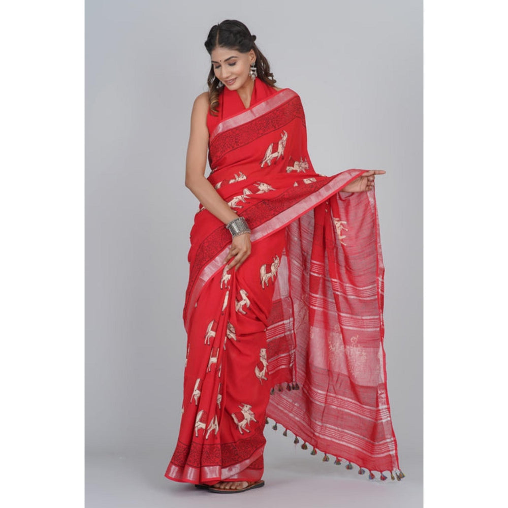 Isadora Life Womens Printed Tassels Red Pre-Draped Saree With Unstitched Blouse