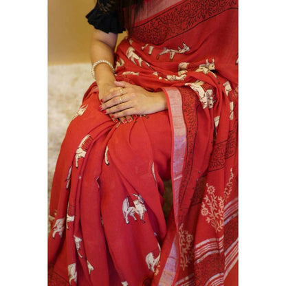Isadora Life Womens Printed Tassels Red Pre-Draped Saree With Unstitched Blouse