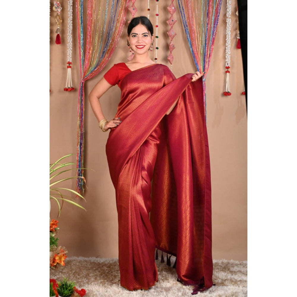Isadora Life Womens Woven Tassels Red Pre-Draped Saree With Unstitched Blouse