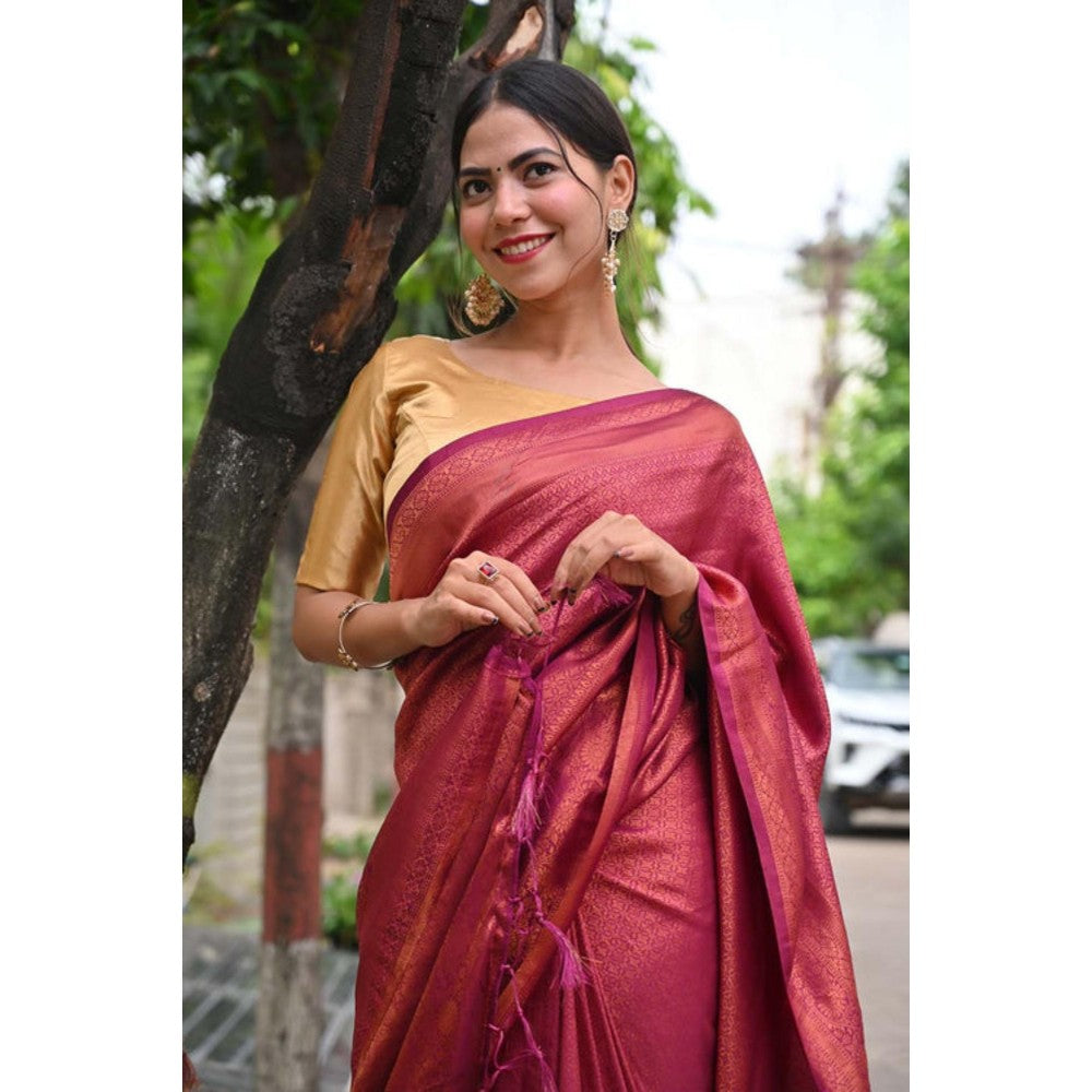 Isadora Life Womens Woven Tassels Red Pre-Draped Saree With Unstitched Blouse