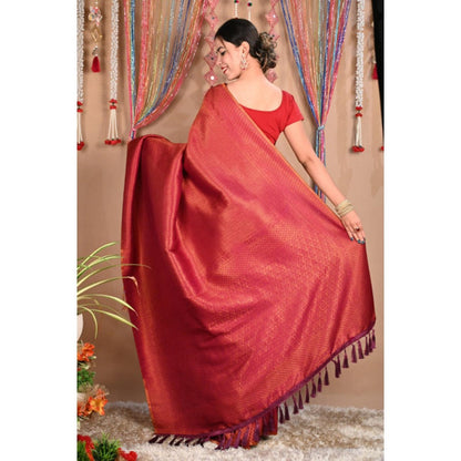 Isadora Life Womens Woven Tassels Red Pre-Draped Saree With Unstitched Blouse