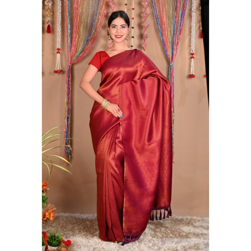 Isadora Life Womens Woven Tassels Red Pre-Draped Saree With Unstitched Blouse