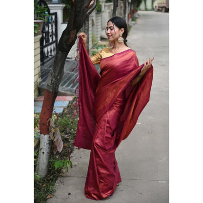 Isadora Life Womens Woven Tassels Red Pre-Draped Saree With Unstitched Blouse