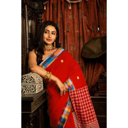 Isadora Life Womens Printed Red Pre-Draped Saree With Unstitched Blouse