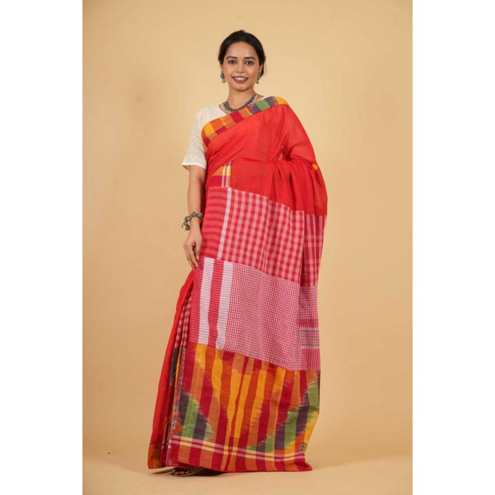 Isadora Life Womens Printed Red Pre-Draped Saree With Unstitched Blouse