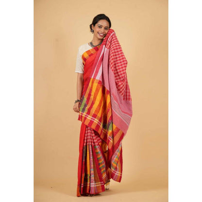 Isadora Life Womens Printed Red Pre-Draped Saree With Unstitched Blouse