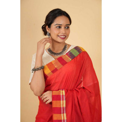 Isadora Life Womens Printed Red Pre-Draped Saree With Unstitched Blouse