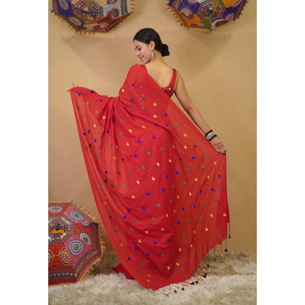 Isadora Life Womens Embroidered Tassels Red Pre-Draped Saree With Unstitched Blouse