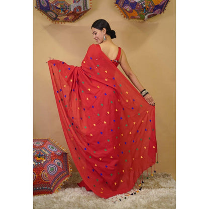 Isadora Life Womens Embroidered Tassels Red Pre-Draped Saree With Unstitched Blouse