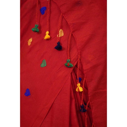 Isadora Life Womens Embroidered Tassels Red Pre-Draped Saree With Unstitched Blouse