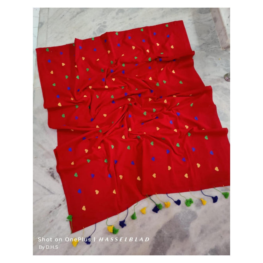 Isadora Life Womens Embroidered Tassels Red Pre-Draped Saree With Unstitched Blouse