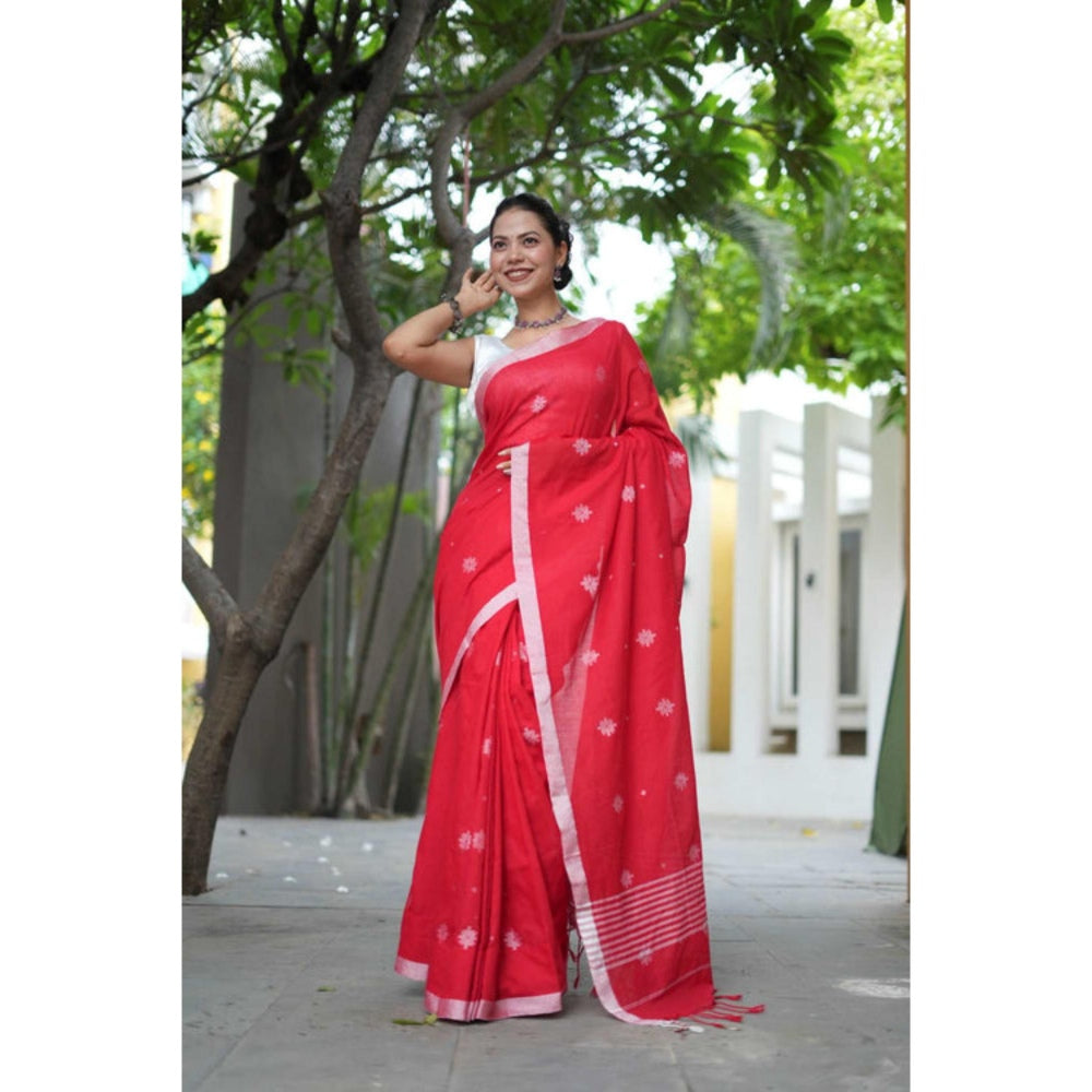 Isadora Life Womens Woven Tassels Pink Pre-Draped Saree With Unstitched Blouse