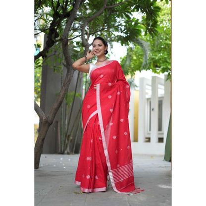 Isadora Life Womens Woven Tassels Pink Pre-Draped Saree With Unstitched Blouse