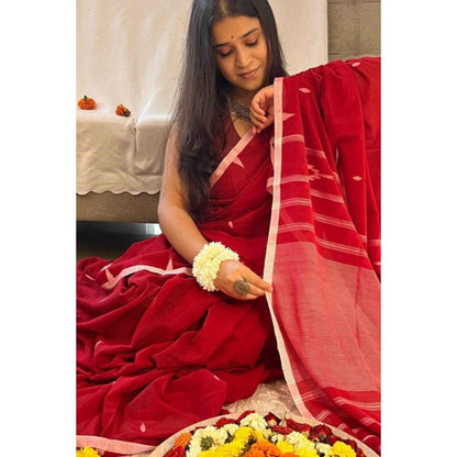 Isadora Life Womens Woven Tassels Pink Pre-Draped Saree With Unstitched Blouse