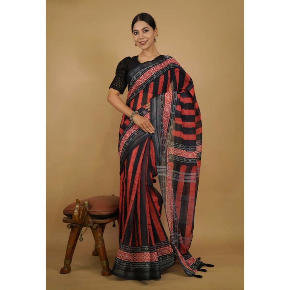 Isadora Life Womens Printed Stripes Black Pre-Draped Saree With Unstitched Blouse