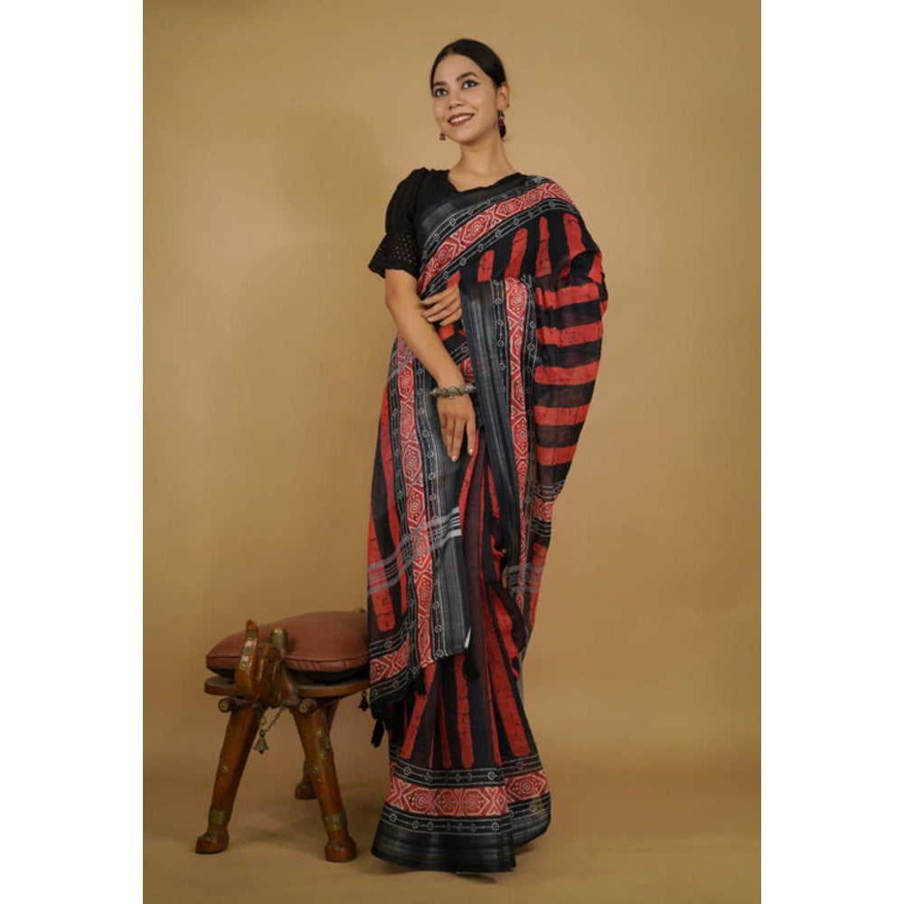 Isadora Life Womens Printed Stripes Black Pre-Draped Saree With Unstitched Blouse