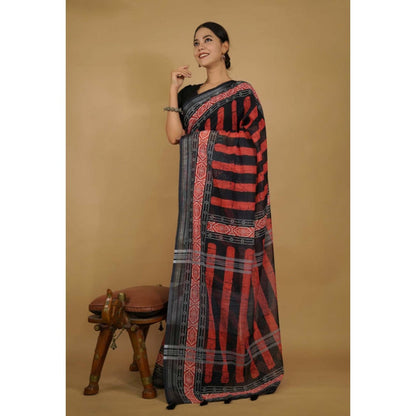 Isadora Life Womens Printed Stripes Black Pre-Draped Saree With Unstitched Blouse