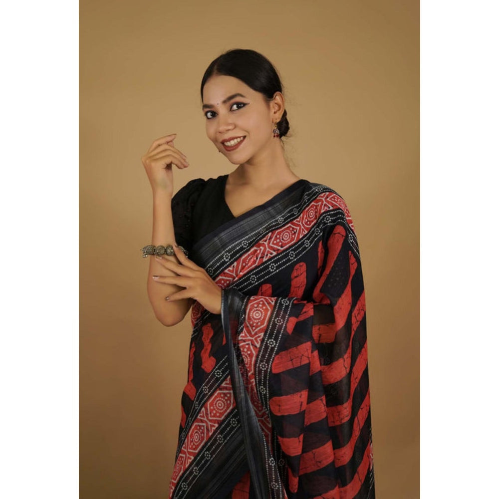 Isadora Life Womens Printed Stripes Black Pre-Draped Saree With Unstitched Blouse