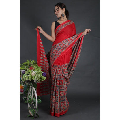 Isadora Life Womens Printed Red Pre-Draped Saree With Unstitched Blouse