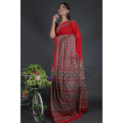 Isadora Life Womens Printed Red Pre-Draped Saree With Unstitched Blouse