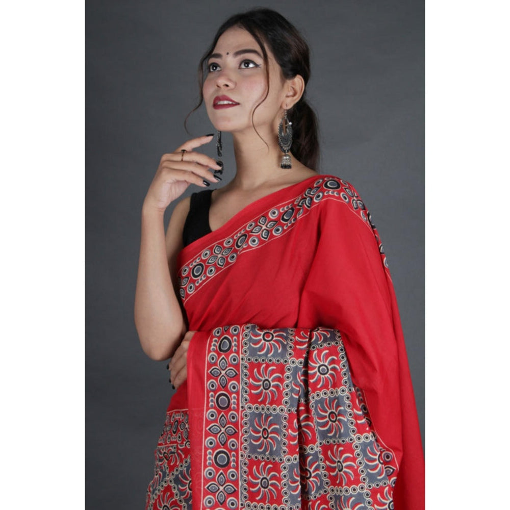 Isadora Life Womens Printed Red Pre-Draped Saree With Unstitched Blouse